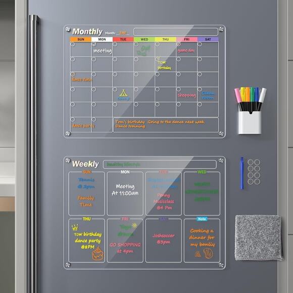 Unbranded Other - 2 Pack Magnetic Fridge Calendar Acrylic Dry Erase Board Monthly Weekly 5 Markers